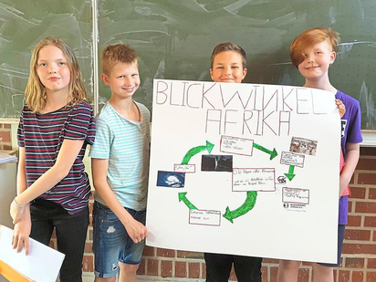 Lena, Timo, Tobias und Luzia mit einem Erklärplakat zum Zyklon Idai, der auch Schäden bei Hilfsprojekten des Vereins anrichtete. Foto: privat